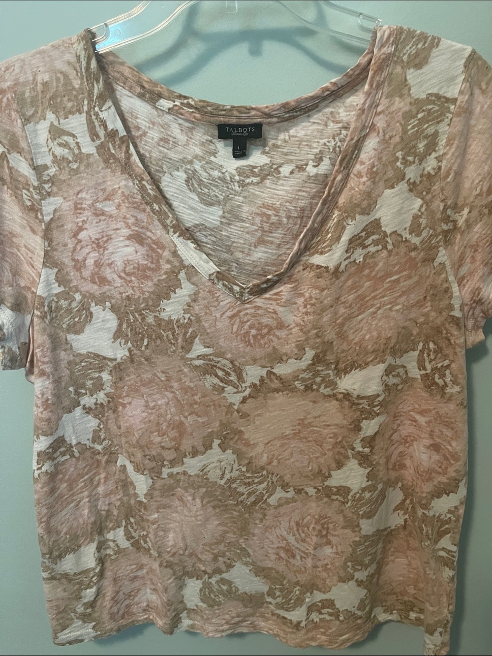 Talbots Cotton Beige and Pink Floral V-Neck Short Sleeve Top